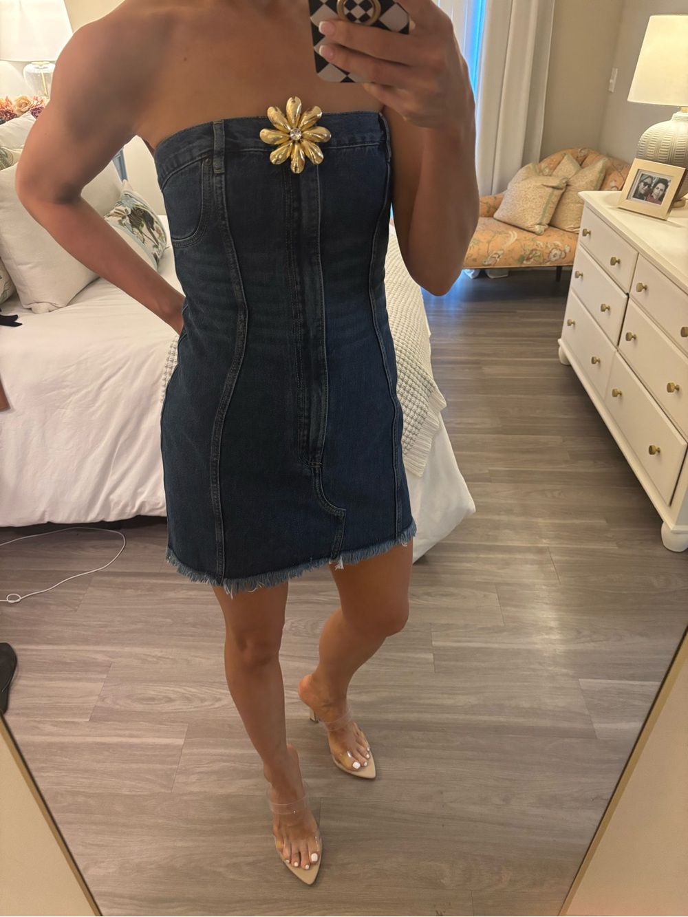AREA Strapless Denim Mini Dress with Crystal Flower, Size 6 - Picture 2 of 6